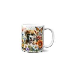 Dárkový hrnek Štěně v kvítí stafordširský bulteriér - bílý, s možností vlastního textu