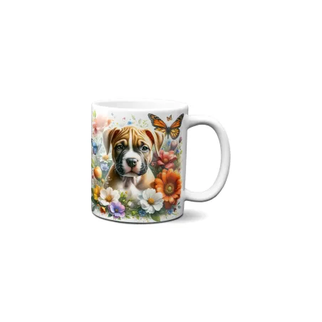 Dárkový hrnek Štěně v kvítí stafordširský bulteriér - bílý, s možností vlastního textu