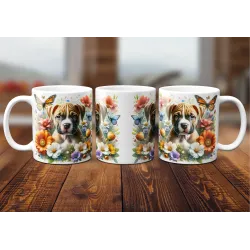 Dárkový hrnek Štěně v kvítí stafordširský bulteriér - bílý, s možností vlastního textu