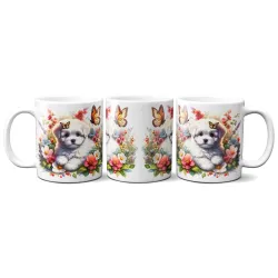 Dárkový hrnek Štěně v kvítí maltézský psík - bílý, s možností vlastního textu