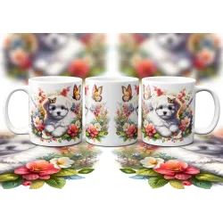 Dárkový hrnek Štěně v kvítí maltézský psík - bílý, s možností vlastního textu