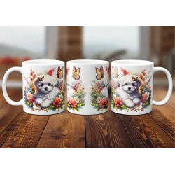 Dárkový hrnek Štěně v kvítí maltézský psík - bílý, s možností vlastního textu