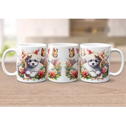 Dárkový hrnek Štěně v kvítí maltézský psík - bílý, s možností vlastního textu