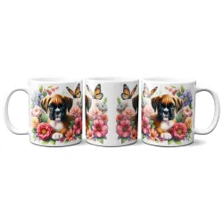 Dárkový hrnek Štěně v kvítí německý boxer - bílý, s možností vlastního textu