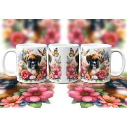 Dárkový hrnek Štěně v kvítí německý boxer - bílý, s možností vlastního textu