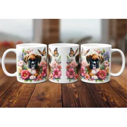 Dárkový hrnek Štěně v kvítí německý boxer - bílý, s možností vlastního textu