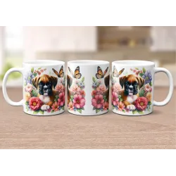 Dárkový hrnek Štěně v kvítí německý boxer - bílý, s možností vlastního textu