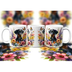 Dárkový hrnek Štěně v kvítí dobrman - bílý, s možností vlastního textu