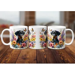 Dárkový hrnek Štěně v kvítí dobrman - bílý, s možností vlastního textu