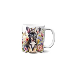 Dárkový hrnek Štěně v kvítí francouzský buldoček - bílý, s možností vlastního textu