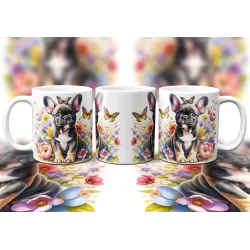 Dárkový hrnek Štěně v kvítí francouzský buldoček - bílý, s možností vlastního textu