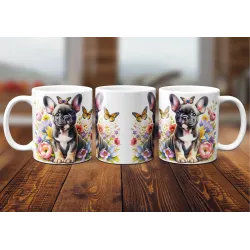 Dárkový hrnek Štěně v kvítí francouzský buldoček - bílý, s možností vlastního textu