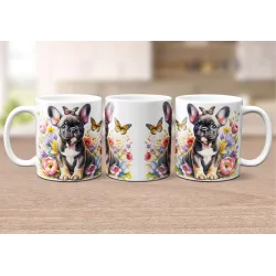 Dárkový hrnek Štěně v kvítí francouzský buldoček - bílý, s možností vlastního textu