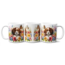 Dárkový hrnek Štěně v kvítí kavalír king Charles španěl - bílý, s možností vlastního textu