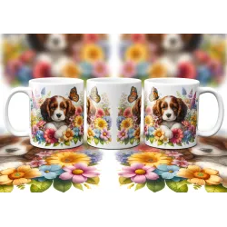 Dárkový hrnek Štěně v kvítí kavalír king Charles španěl - bílý, s možností vlastního textu