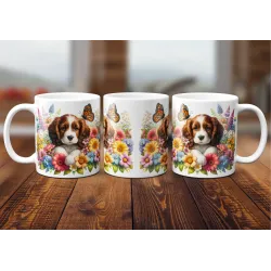 Dárkový hrnek Štěně v kvítí kavalír king Charles španěl - bílý, s možností vlastního textu