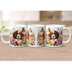 Dárkový hrnek Štěně v kvítí kavalír king Charles španěl - bílý, s možností vlastního textu