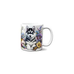 Dárkový hrnek Štěně v kvítí sibiřský husky - bílý, s možností vlastního textu