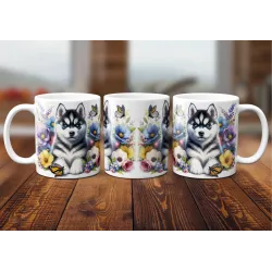 Dárkový hrnek Štěně v kvítí sibiřský husky - bílý, s možností vlastního textu