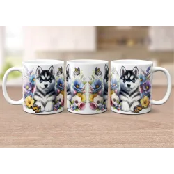 Dárkový hrnek Štěně v kvítí sibiřský husky - bílý, s možností vlastního textu