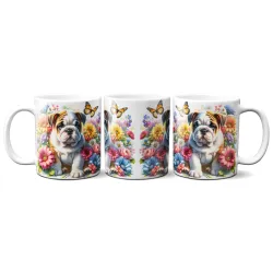 Dárkový hrnek Štěně v kvítí anglický buldok - bílý, s možností vlastního textu