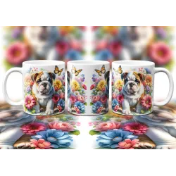 Dárkový hrnek Štěně v kvítí anglický buldok - bílý, s možností vlastního textu