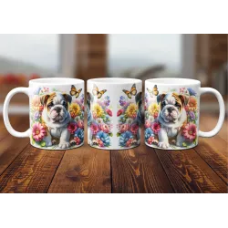 Dárkový hrnek Štěně v kvítí anglický buldok - bílý, s možností vlastního textu