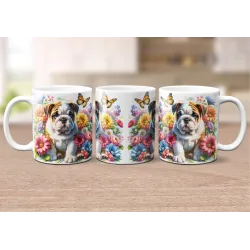 Dárkový hrnek Štěně v kvítí anglický buldok - bílý, s možností vlastního textu