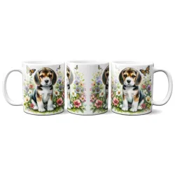 Dárkový hrnek Štěně v kvítí bígl - bílý, s možností vlastního textu