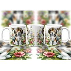 Dárkový hrnek Štěně v kvítí bígl - bílý, s možností vlastního textu