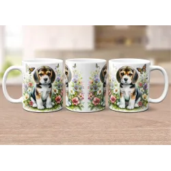 Dárkový hrnek Štěně v kvítí bígl - bílý, s možností vlastního textu