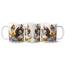 Dárkový hrnek Štěně v kvítí anglický špringeršpaněl - bílý, s možností vlastního textu