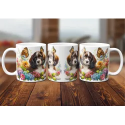 Dárkový hrnek Štěně v kvítí anglický špringeršpaněl - bílý, s možností vlastního textu