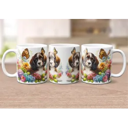 Dárkový hrnek Štěně v kvítí anglický špringeršpaněl - bílý, s možností vlastního textu