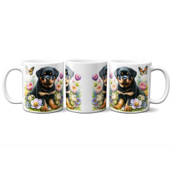 Dárkový hrnek Štěně v kvítí rotvajler - bílý, s možností vlastního textu