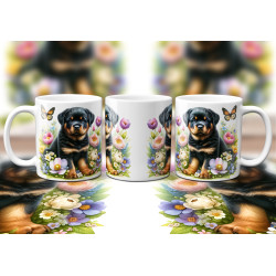 Dárkový hrnek Štěně v kvítí rotvajler - bílý, s možností vlastního textu