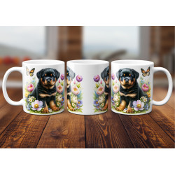 Dárkový hrnek Štěně v kvítí rotvajler - bílý, s možností vlastního textu