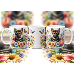 Dárkový hrnek Štěně v kvítí německý ovčák - bílý, s možností vlastního textu