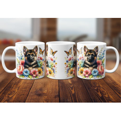 Dárkový hrnek Štěně v kvítí německý ovčák - bílý, s možností vlastního textu