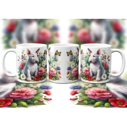 Dárkový hrnek Štěně v kvítí anglický bulteriér - bílý, s možností vlastního textu