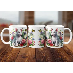 Dárkový hrnek Štěně v kvítí anglický bulteriér - bílý, s možností vlastního textu